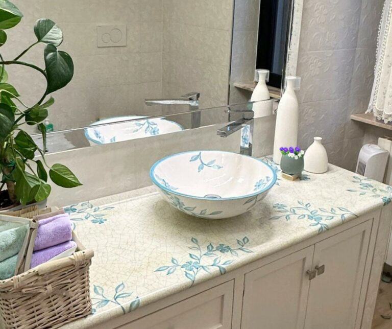 Blue blossom bathroom vanity lava stone countertop.